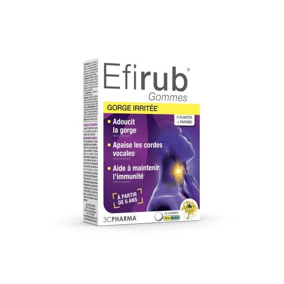 Efirub gommes gorge irrit&eacute;e citron menthol 3C Pharma - bo&icirc;te de 24 gommes