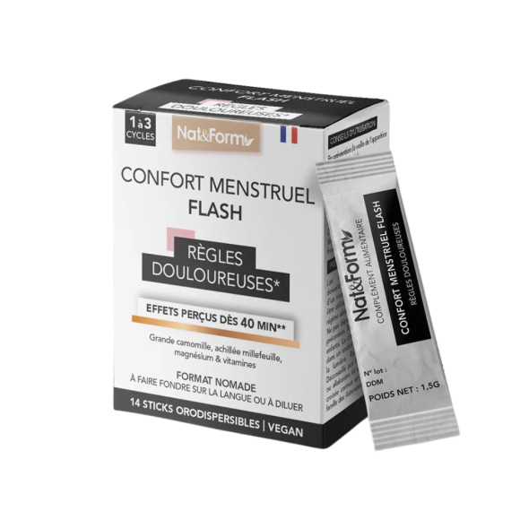 Confort menstruel flash r&egrave;gles douloureuses Nat&Form - bo&icirc;te de 14 sticks orodispersibles 