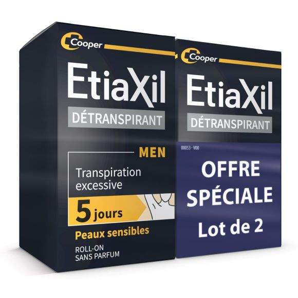 D&eacute;transpirant Men homme aisselles peau sensible Etiaxil - lot de 2 roll-on de 50 ml