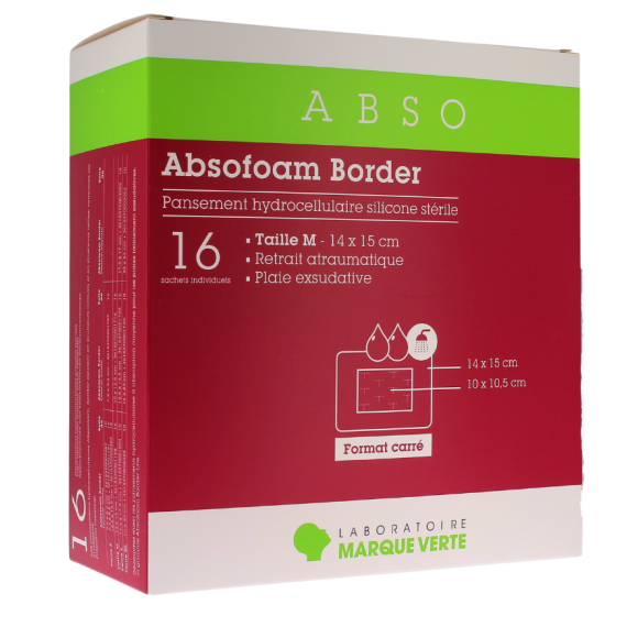 Absofoam border pansement hydrocellulaire silicone st&eacute;rile taille M Marque verte - bo&icirc;te de 16 pansements de 14 x 15cm