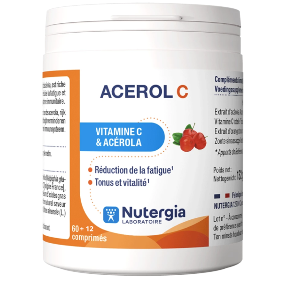 Acerol C vitamine C & ac&eacute;rola Nutergia - pot de 60+12 comprim&eacute;s 