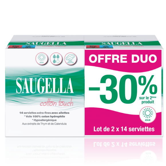 Cotton Touch Serviettes extra-fines avec ailettes jour Saugella - lot de 2 bo&icirc;tes de 14 serviettes