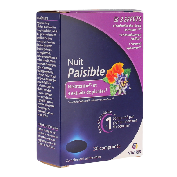 Nuit paisible m&eacute;latonine et 3 extraits de plantes Viatris - boite de 30 comprim&eacute;s