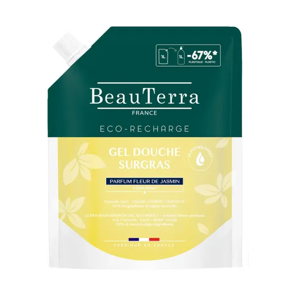 Gel douche surgras parfum fleur de jasmin Beauterra - eco-recharge de 1L