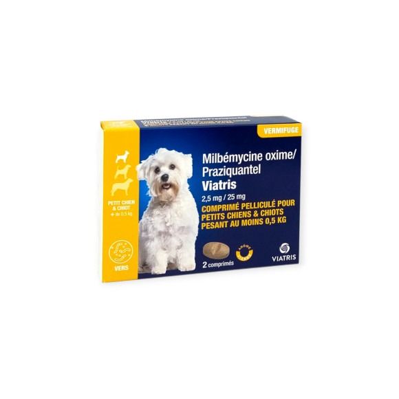 Milb&eacute;mycine Praziquantel Vermifuge petit chien et chiot +0,5kg ar&ocirc;me viande Viatris - boite de 2 comprim&eacute;s