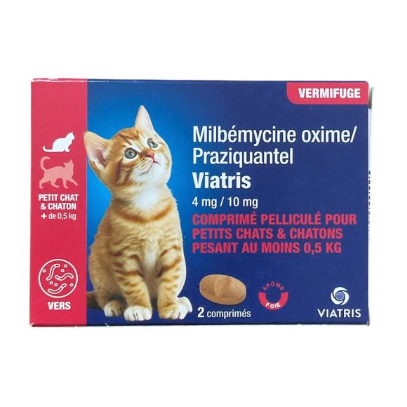Milb&eacute;mycine Praziquantel Vermifuge petit chat et chaton +0,5kg ar&ocirc;me foie Viatris - boite de 2 comprim&eacute;s