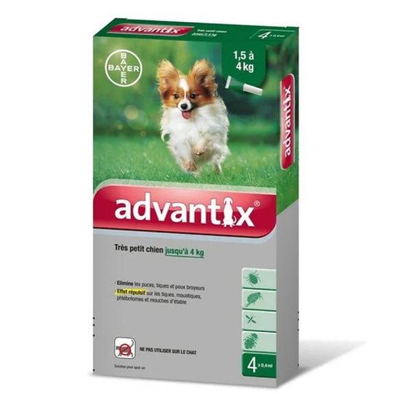 Advantix tr&egrave;s petit chien jusqu'&agrave; 4 kg Bayer - boite de 4 pipettes