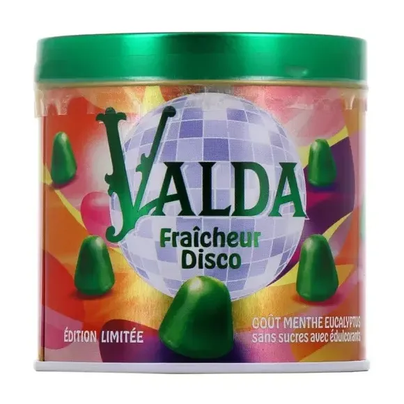 Gommes Fra&icirc;cheur disco &eacute;dition limit&eacute;e menthe eucalyptus sans sucre Valda - pot de 160g