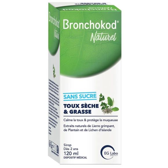 Bronchokod Naturel Sirop toux s&egrave;che et grasse sans sucre EG Labo - flacon de 120ml
