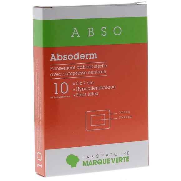 Absoderm Pansements adh&eacute;sifs st&eacute;riles avec compresse centrale 5x7cm Marque Verte - bo&icirc;te de 10 sachets individuels