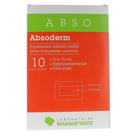 Absoderm Pansements adh&eacute;sifs st&eacute;riles avec compresse centrale 10x15cm Marque verte - bo&icirc;te de 10 sachets individuels