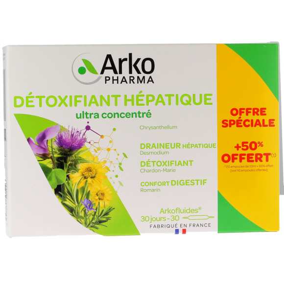 Arkofluides d&eacute;toxifiant h&eacute;patique Arkopharma - 20 ampoules + 10 ampoules offertes