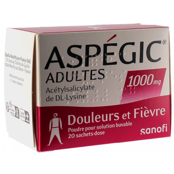 Aspegic D&egrave;s 15 ans; Adultes 1000mg poudre pour solution buvable en sachet-dose - bo&icirc;te de 20 sachets