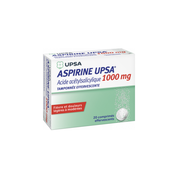 Aspirine UPSA tamponn&eacute;e effervescente 1000mg comprim&eacute; effervescent - bo&icirc;te de 20 comprim&eacute;s