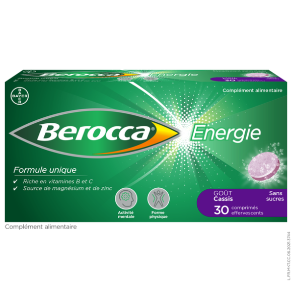 Berocca Energie Cassis Vitamine B et C, magn&eacute;sium et Zinc 30 comprim&eacute;s effervescents