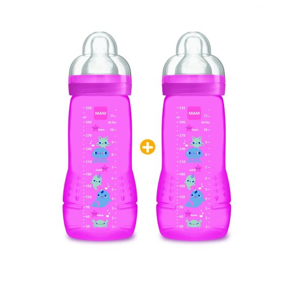 Biberon rose Easy active 2 &egrave;me &acirc;ge 6 mois + Mam - 2 biberons de 330 ml