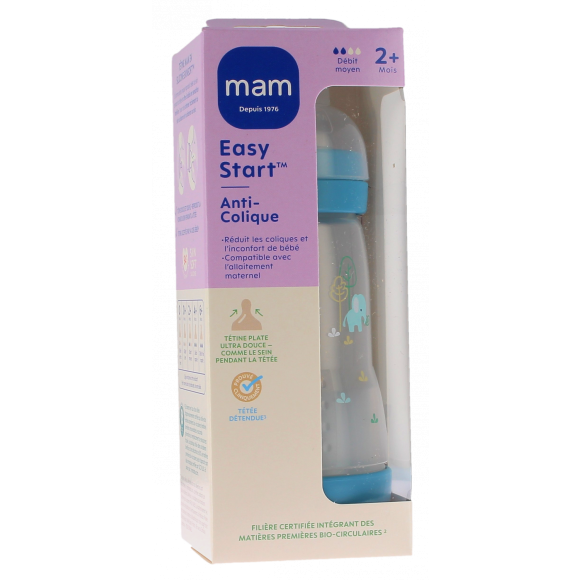 Biberon Easy start anti-colique 2+ mois d&eacute;bit moyen bleu oc&eacute;an Mam - 1 biberon de 260ml