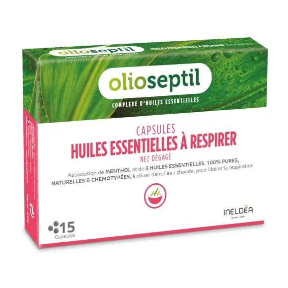 Capsules d'huiles essentielles &agrave; respirer nez d&eacute;gag&eacute; Olioseptil - boite de 15 capsules