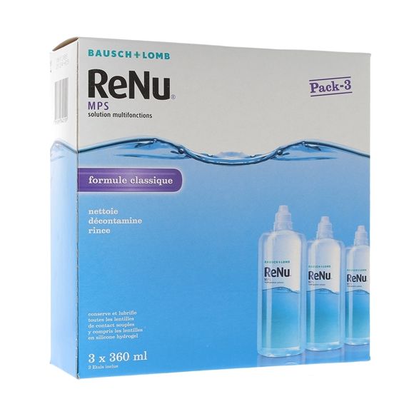 ReNu MPS Solution multifonctions formule classique Bausch Lomb - lot de 3 flacons de 360 ml + 3 &eacute;tuis &agrave; lentilles