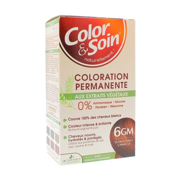 Color & Soin Coloration permanente aux extraits v&eacute;g&eacute;taux blond fonc&eacute; cannelle 6GM Les 3 Ch&ecirc;nes - kit de 4 produits