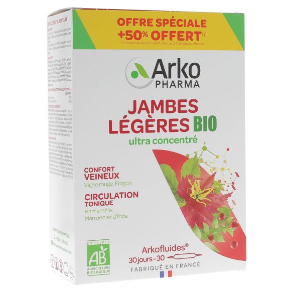 Arkofluides jambes l&eacute;g&egrave;res Arkopharma - bo&icirc;te de 30 ampoules offre sp&eacute;ciale 50% offert