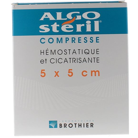 Compresses h&eacute;mostatiques et cicatrisantes 5x5 cm algost&eacute;ril Brothier - boite de 10 compresses