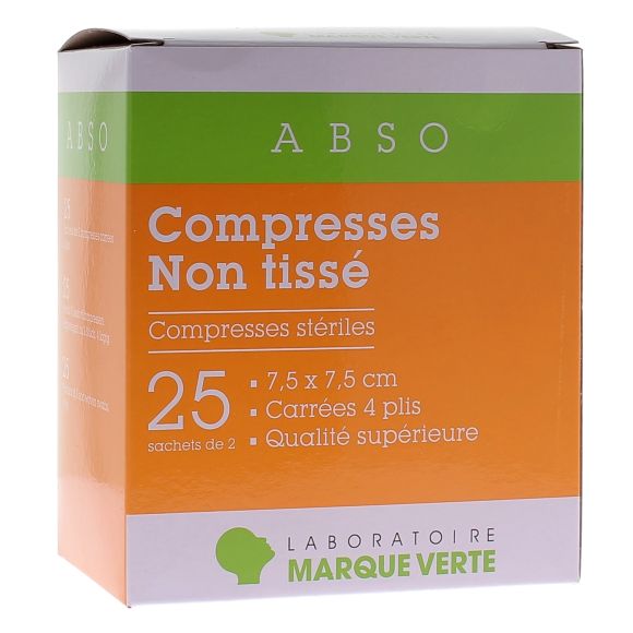 Compresses non tiss&eacute; 7,5x7,5cm Marque Verte - bo&icirc;te de 25 sachets de 2 compresses