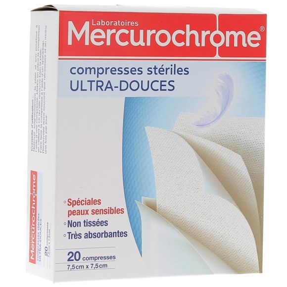 Compresses st&eacute;riles ultra-douces Mercurochrome - Boite de 20 compresses