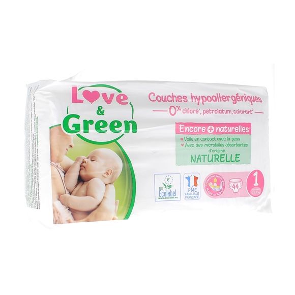 Couches hypoallerg&eacute;niques taille 1 Love & Green - paquet de 44 couches