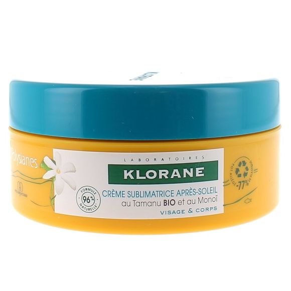 Cr&egrave;me sublimatrice apr&egrave;s-soleil visage et corps polysianes au tamanu bio et au mono&iuml; Klorane - pot de 200 ml