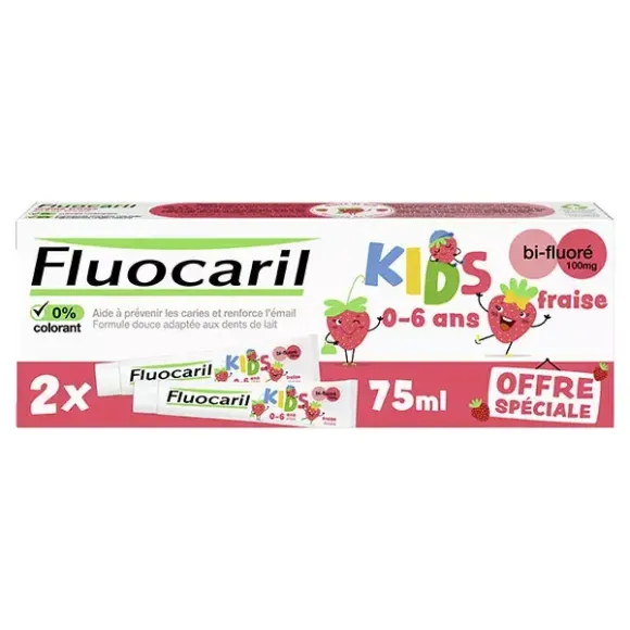 Dentifrice kids 0-6 ans ar&ocirc;me fraise Fluocaril - lot de 2 tubes de 75ml