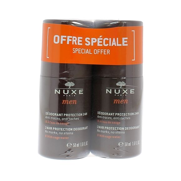 D&eacute;odorant protection 24H anti-traces et anti-t&acirc;ches homme Nuxe - lot de 2 roll-on de 50 ml
