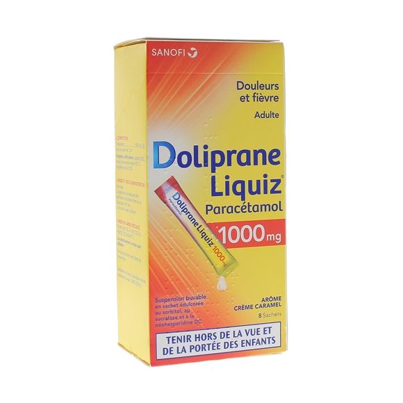 Doliprane Liquiz 1000mg sans sucre suspension buvable ar&ocirc;me cr&egrave;me caramel - bo&icirc;te de 8 sachets