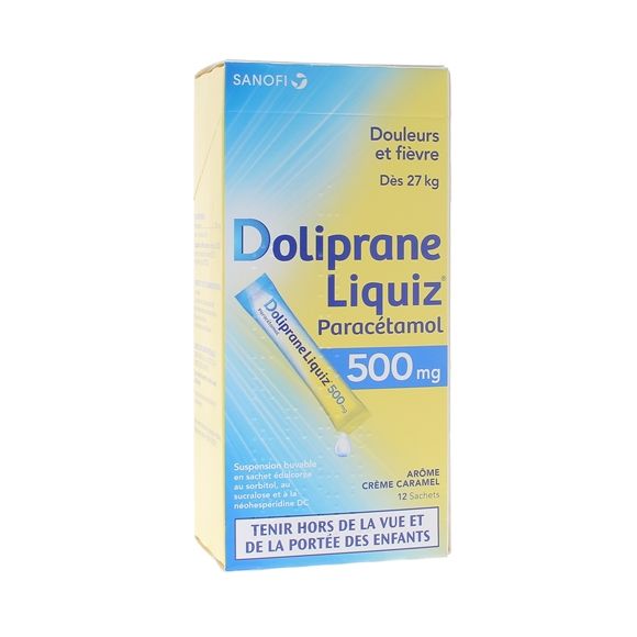 Doliprane Liquiz 500mg sans sucre suspension buvable ar&ocirc;me cr&egrave;me caramel - bo&icirc;te de 12 sachets