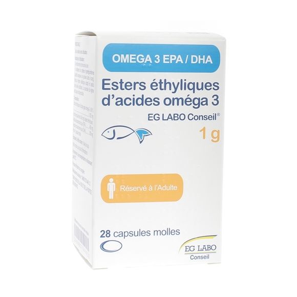 Omega 3 esters ethyliques d'acides 1g EG Labo Conseil - flacon de 28 capsules molles