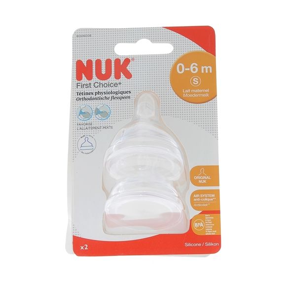 First Choice + T&eacute;tines physiologiques 0-6 mois NUK - 2 sucettes