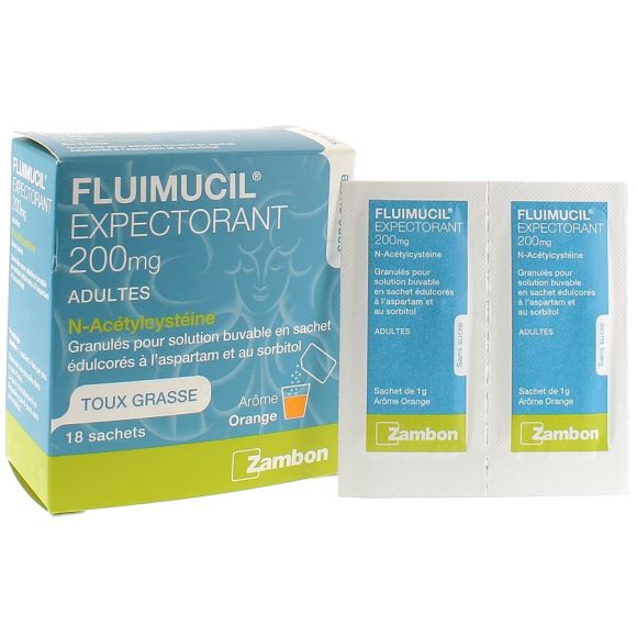 Fluimucil expectorant 200 mg toux grasse Zambon - 18 sachets ar&ocirc;me orange