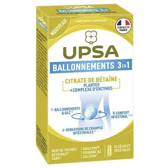 Ballonements & gaz 3 en 1 Citrate de b&eacute;ta&iuml;ne UPSA - boite de 40 g&eacute;lules