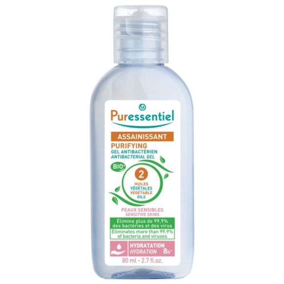 Gel antibact&eacute;rien Assainissant Peaux Sensibles aux 2 huiles v&eacute;g&eacute;tales Puressentiel - flacon de 80ml