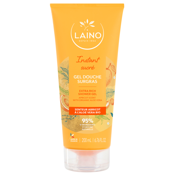 Gel douche surgras hydratant &agrave; l'aloe vera bio senteur abricot Laino - tube de 200ml