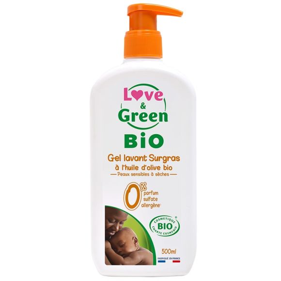 Gel lavant surgras &agrave; l'huile d'olive bio Love & Green - flacon-pompe de 500 ml