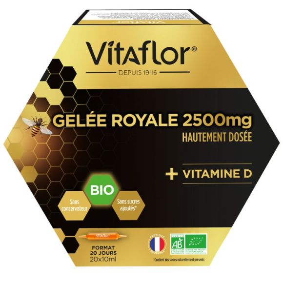 Gel&eacute;e royale 2500 mg Vitamine D bio Vitaflor - bo&icirc;te de 20 ampoules
