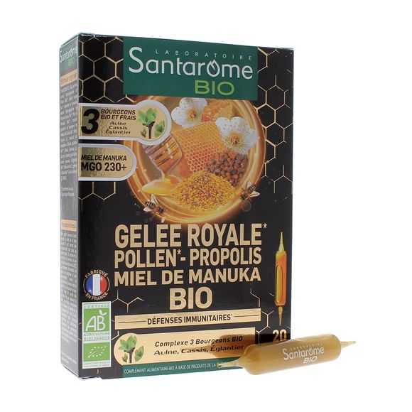 Gel&eacute;e royale pollen propolis miel de Manuka bio Santarome - bo&icirc;te de 20 ampoules