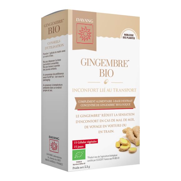 Gingembre Bio inconfort li&eacute; au transport Dayang - Bo&icirc;te de 15 g&eacute;lules