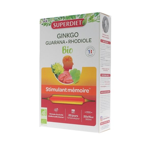 Ginkgo guarana rhodiole bio stimulant m&eacute;moire Super Diet - bo&icirc;te de 20 ampoules