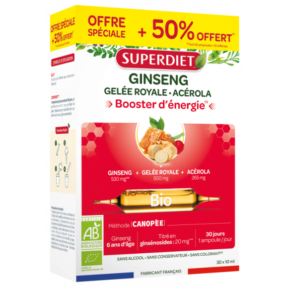 Ginseng gel&eacute;e royale et ac&eacute;rola Bio Super Diet - boite de 20 ampoules + 10 ampoules offertes