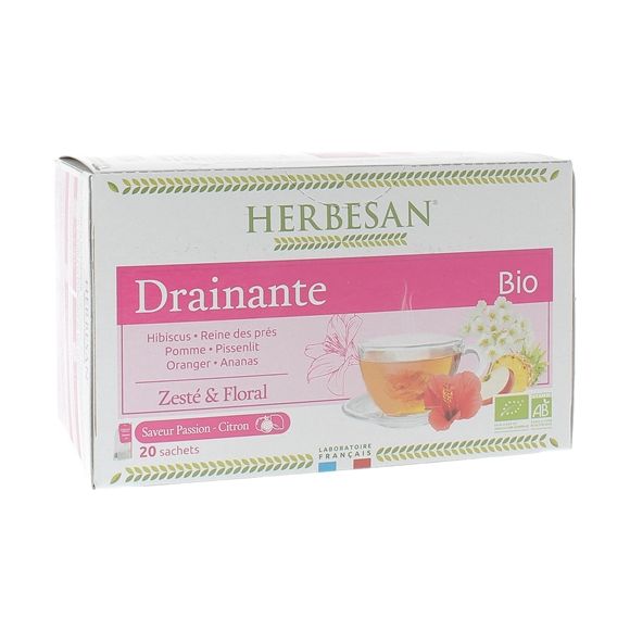 Infusion drainante BIO saveur passion citron Herbesan - bo&icirc;te de 20 sachets