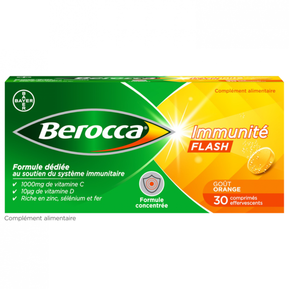 Berocca Immunit&eacute; Flash Vitamine D, C, Zinc et Fer 30 comprim&eacute;s effervescents