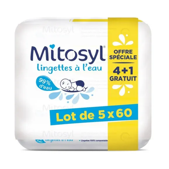 Lingettes &agrave; l'eau Mitosyl - lot de 5 packs de 60 lingettes