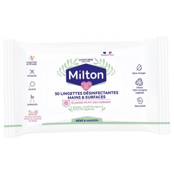 Lingettes d&eacute;sinfectantes de surfaces Milton - paquet de 30 lingettes